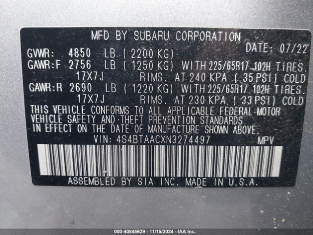 4S4BTAACXN3274497 Subaru Outback