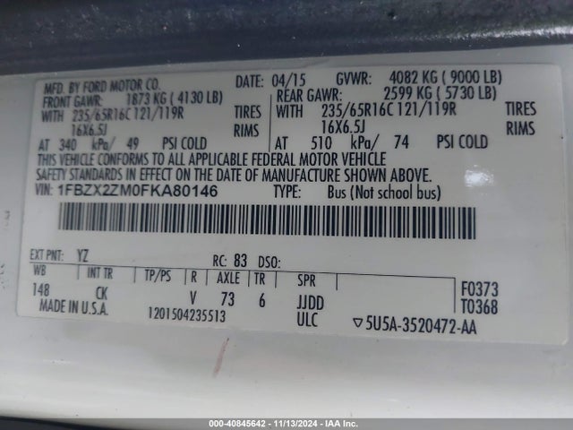 1FBZX2ZM0FKA80146 Ford Transit-350 Xlt