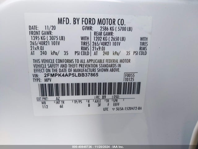 Ford EDGE ST 2020 2FMPK4AP5LBB37865 Image 9
