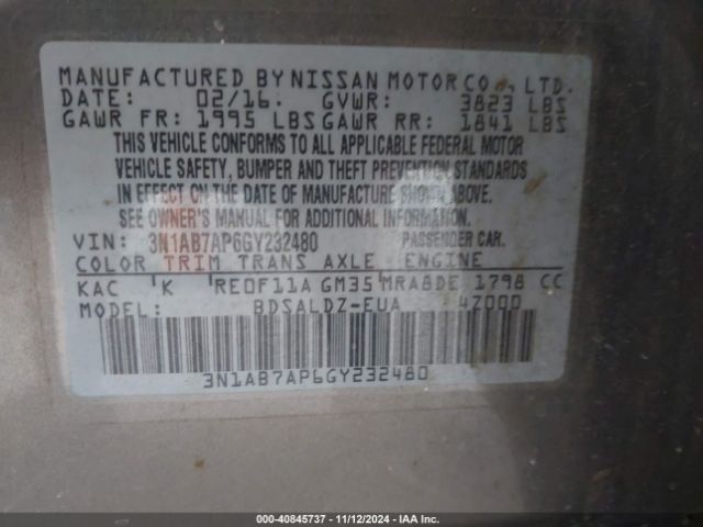 3N1AB7AP6GY232480 Nissan Sentra Fe+ S/s/sl/sr/sv