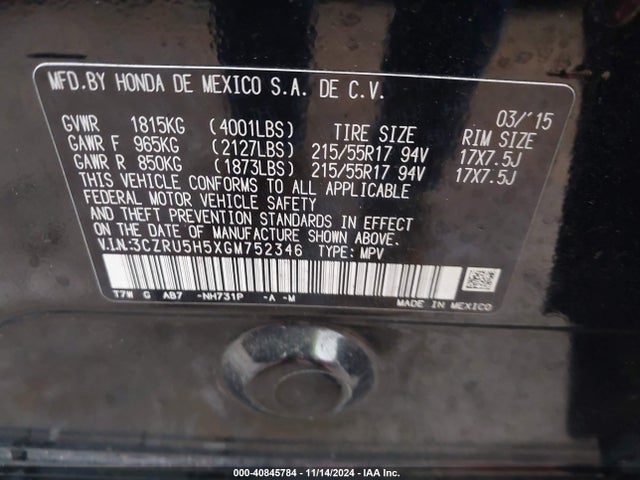 Honda HR-V EX 2016 3CZRU5H5XGM752346 Image 9