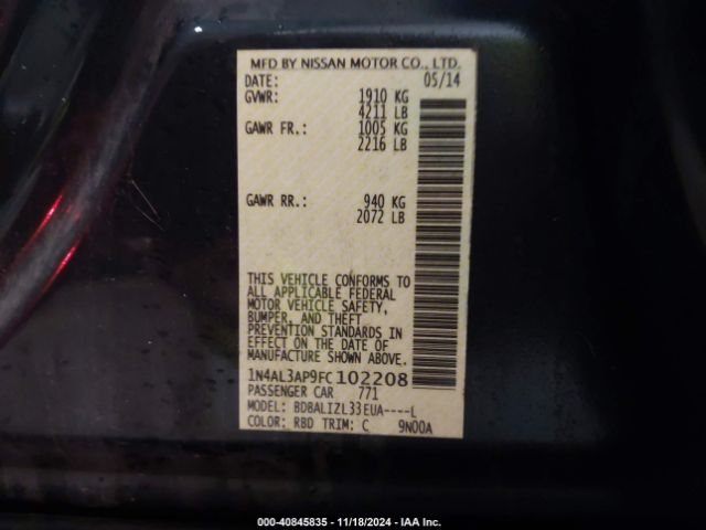 1N4AL3AP9FC102208 Nissan Altima 2.5 Sv