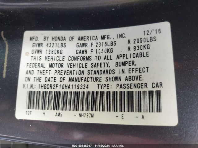 1HGCR2F10HA119334 Honda Accord Sport Se
