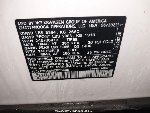 1V2LP2CA0NC553695 Volkswagen Atlas 2.0t Se