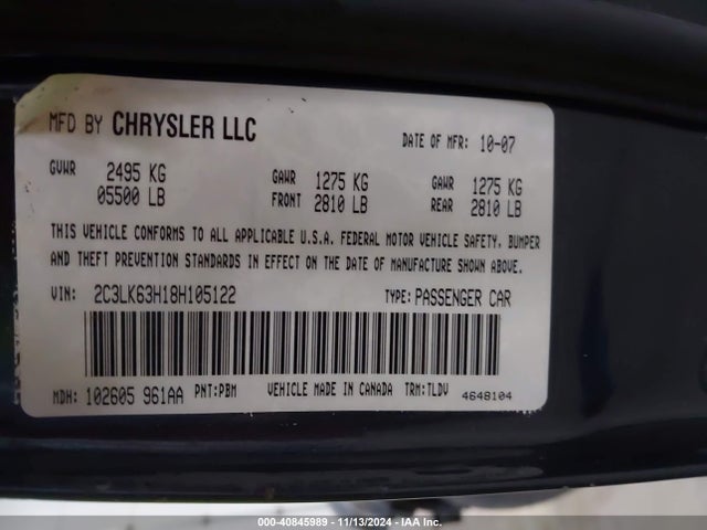 2008 Chrysler 300c მანქანა იყიდება აუქციონზე, vin: 2C3LK63H18H105122, აუქციონის ნომერი: 40845989