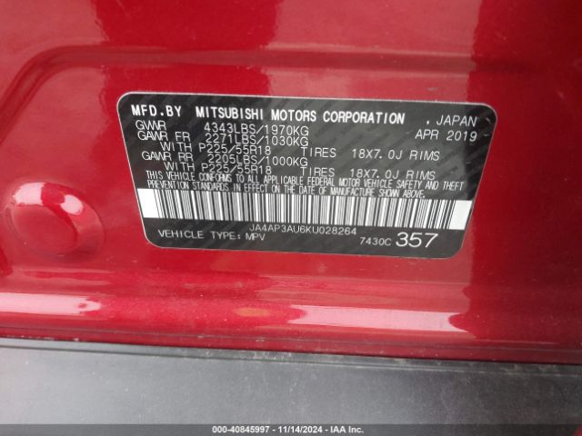 JA4AP3AU6KU028264 Mitsubishi Outlander Sport 2.0 Le