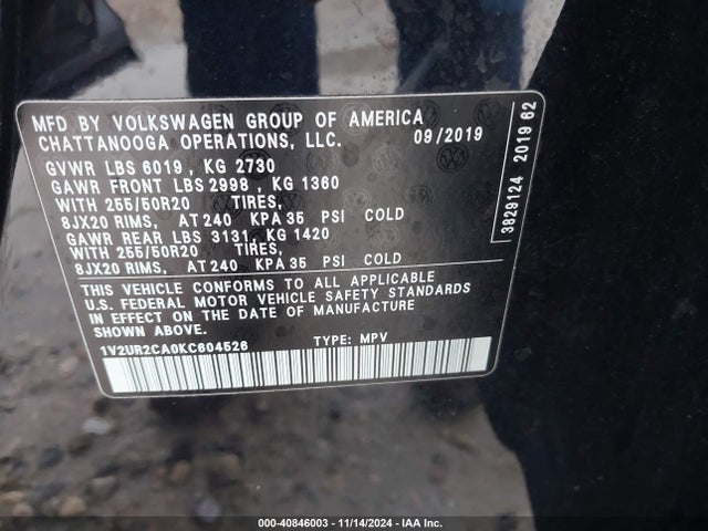 1V2UR2CA0KC604526 Volkswagen Atlas 3.6l V6 Se W/technology