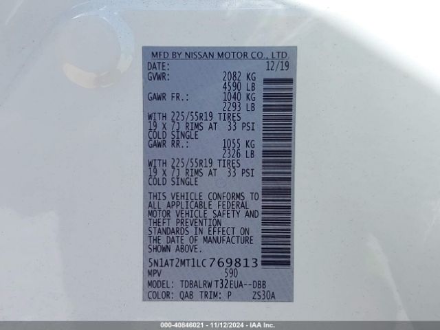 5N1AT2MT1LC769813 Nissan Rogue Sl Fwd