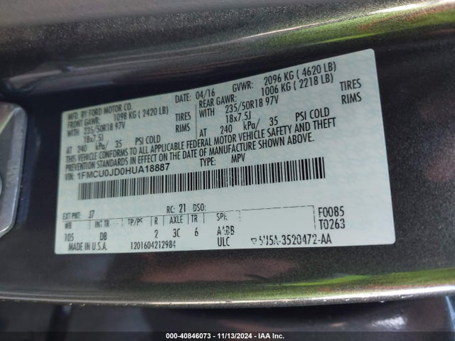 1FMCU0JD0HUA18887 Ford Escape Titanium