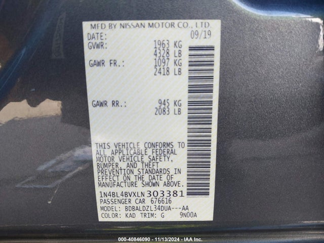 Nissan Altima S Fwd 2020 1N4BL4BVXLN303381 Image 9