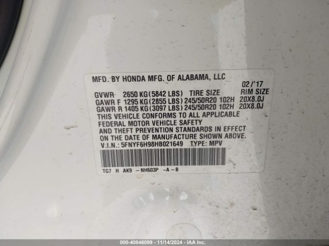 5FNYF6H98HB021649 Honda Pilot Touring