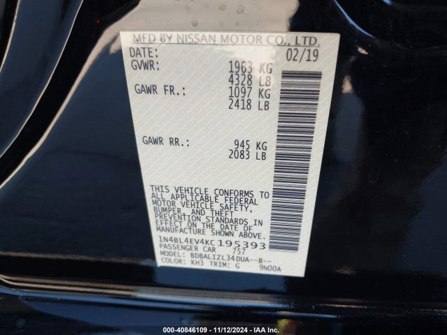 Nissan Altima 2.5 Sl 2019 1N4BL4EV4KC195393 Image 9