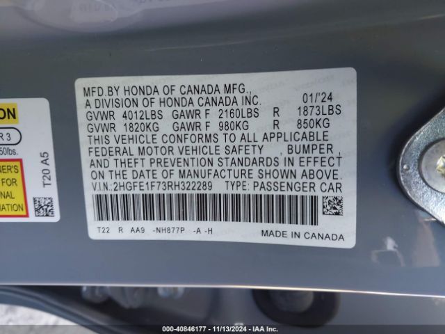 2HGFE1F73RH322289 Honda CIVIC EX