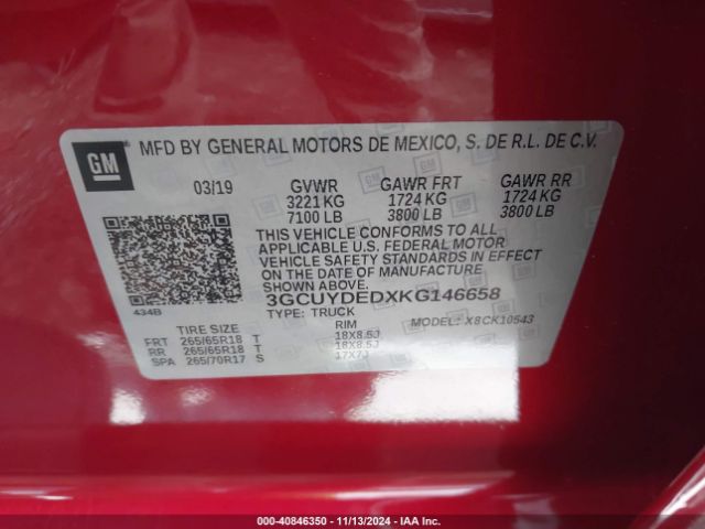 3GCUYDEDXKG146658 Chevrolet Silverado 1500 Lt