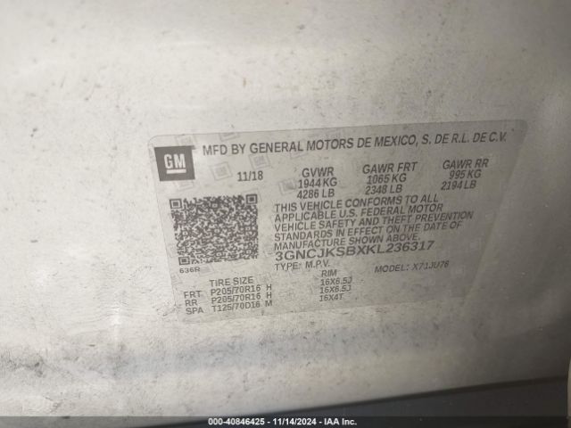 3GNCJKSBXKL236317 Chevrolet TRAX LS