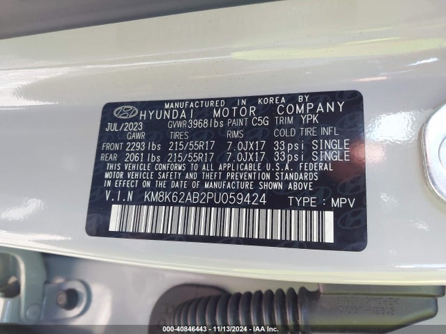 KM8K62AB2PU059424 Hyundai Kona Sel