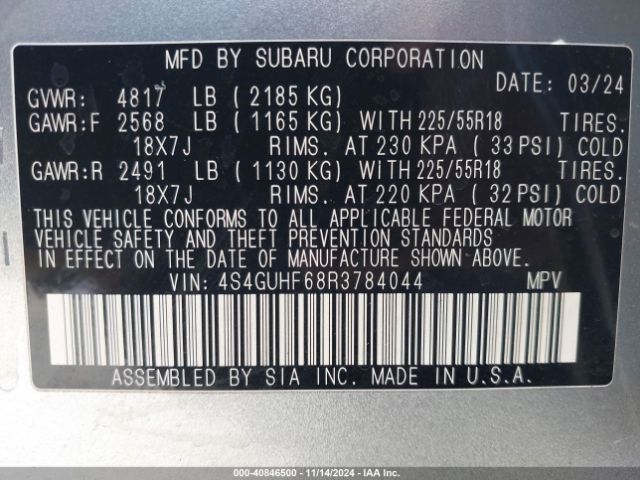 4S4GUHF68R3784044 Subaru Crosstrek Sport