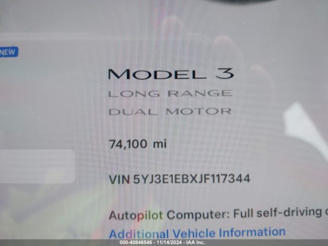 5YJ3E1EBXJF117344 Tesla Model 3 Long Range/performance