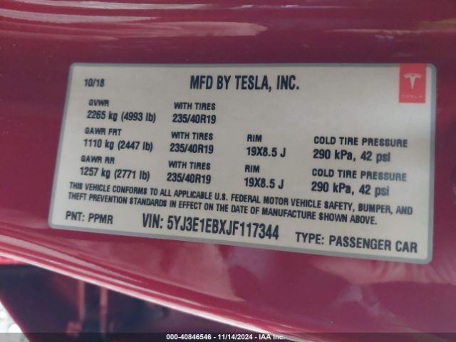 5YJ3E1EBXJF117344 Tesla Model 3 Long Range/performance