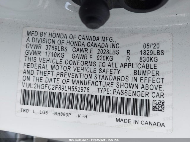 Honda Civic Sport 2020 2HGFC2F89LH552978 Image 9