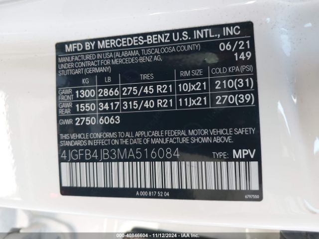 4JGFB4JB3MA516084 Mercedes-Benz GLE 350