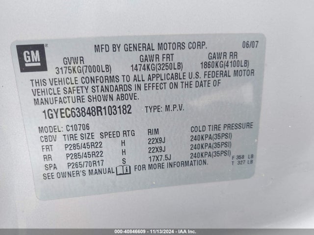 2008 CADILLAC ESCALADE 1GYEC63848R103182 Photo 8