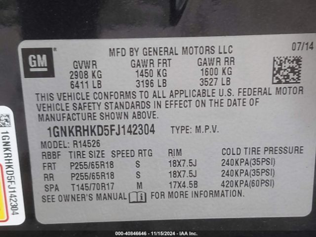 1GNKRHKD5FJ142304 Chevrolet Traverse 2lt