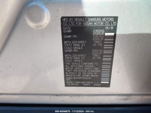 KNMAT2MT0KP555276 Nissan ROGUE SV