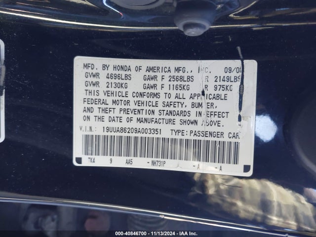 Aukcja sprzedaży 2009 Acura Tl 3.5, vin: 19UUA86209A003351, numer aukcji: 40846700