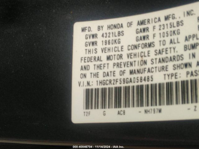 1HGCR2F59GA058485 Honda Accord Sport