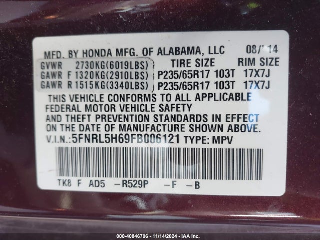 Honda Odyssey Ex-l 2015 5FNRL5H69FB006121 Image 9