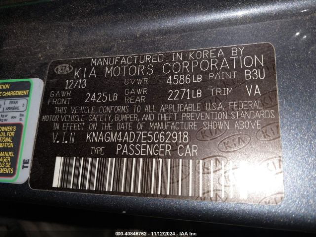 KNAGM4AD7E5062918 KIA Optima Hybrid Lx