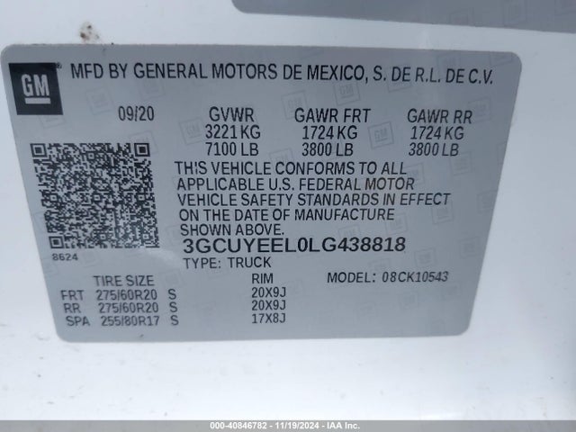 3GCUYEEL0LG438818 Chevrolet l87 - di dfm, alum, gen 5