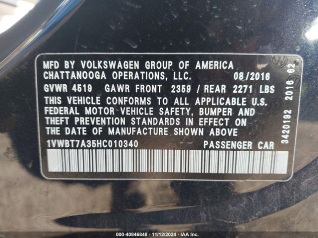 1VWBT7A35HC010340 Volkswagen Passat 1.8t Se