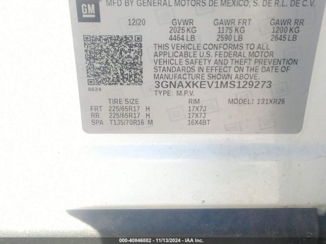 3GNAXKEV1MS129273 Chevrolet Equinox Fwd Lt