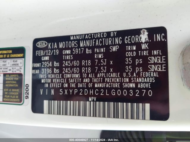 5XYP2DHC2LG003270 KIA Telluride Lx