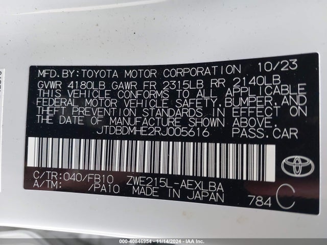 JTDBDMHE2RJ005616 Toyota Corolla Hybrid Le