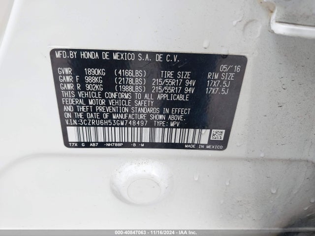 3CZRU6H53GM748497 Honda HR-V EX