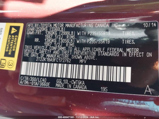 2T2ZK1BA9FC172762 Lexus RX 350
