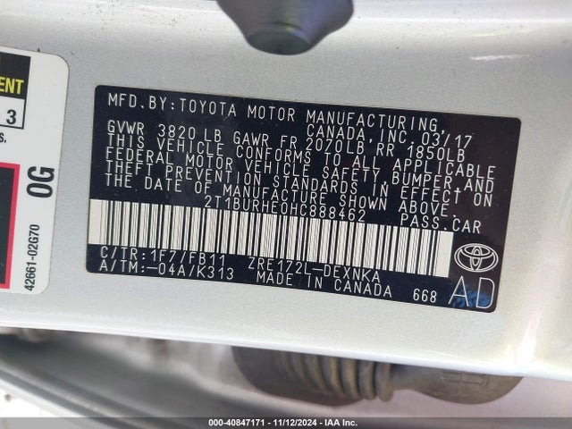 2T1BURHE0HC888462 Toyota COROLLA LE