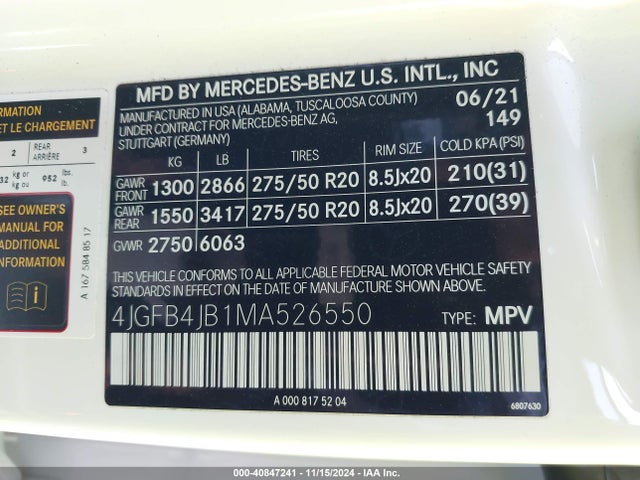 4JGFB4JB1MA526550 Mercedes-Benz GLE 350