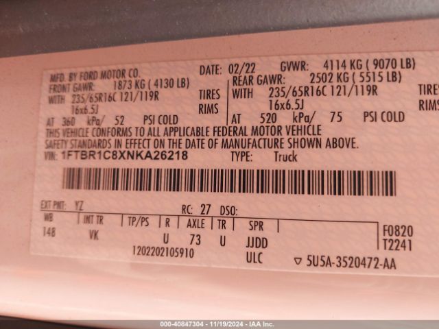 1FTBR1C8XNKA26218 Ford Transit-250 Cargo Van