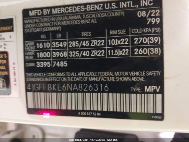 4JGFF8KE6NA826316 Mercedes-Benz Amg Gls 63 4matic