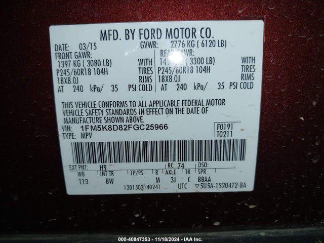 Ford EXPLORER XLT 2015 1FM5K8D82FGC25966 Image 9