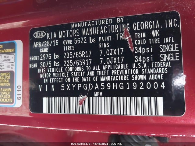 KIA Sorento Lx V6 2017 5XYPGDA59HG192004 Image 9