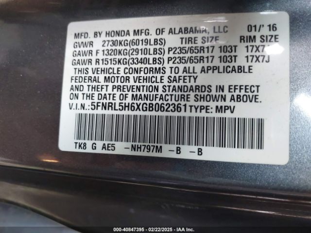 5FNRL5H6XGB062361 Honda Odyssey Ex-l