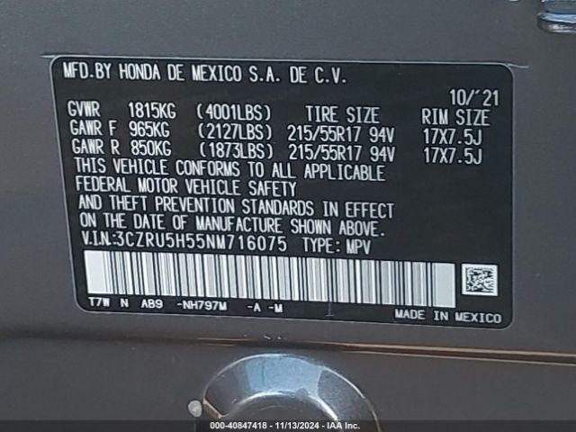 3CZRU5H55NM716075 Honda Hr-v 2wd Ex