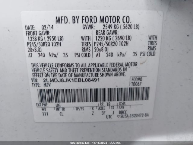 2LMDJ8JK1EBL08491 Lincoln MKX