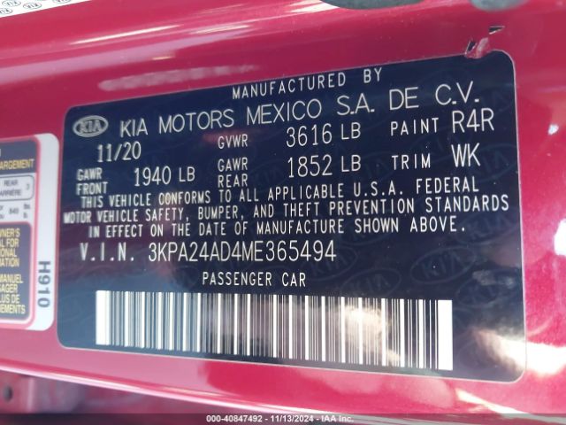 3KPA24AD4ME365494 KIA RIO S