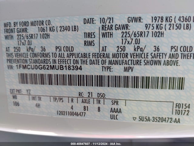 Ford ESCAPE SE 2021 1FMCU0G62MUB18394 Image 9